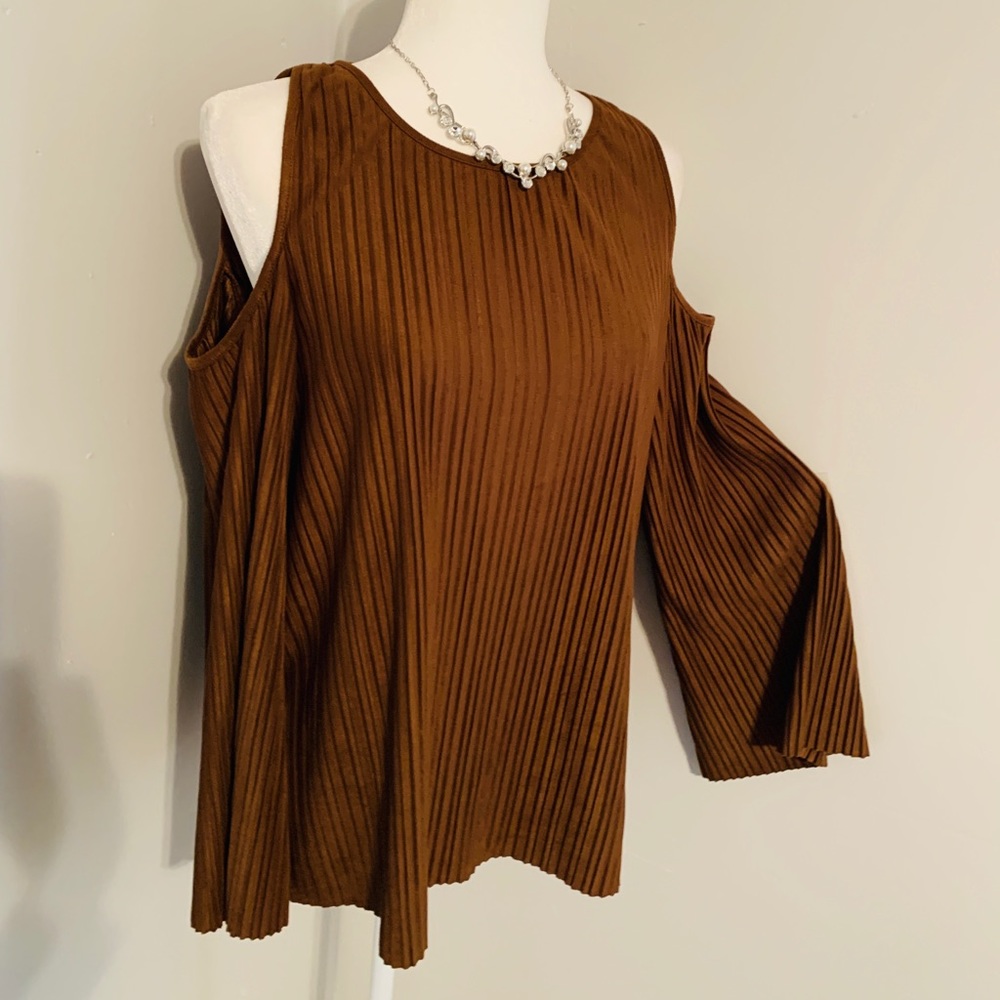 Chico Brown Pleated Faux-Suede Cold Shoulder Top - Picture 2 of 8